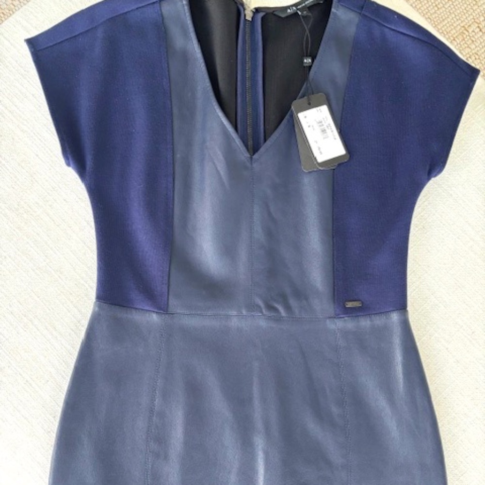 Armani Exchange Leather Panel Mini Dress Navy Blue - Medium